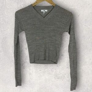 NEW Nordstorm BP Ribbed‎ Crop Sweater Grey Size XXS V-Neck Knit USA Made Minimal